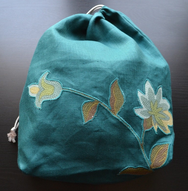 Linen Bread Bag - Teal with Applique Flowers - Large Bag