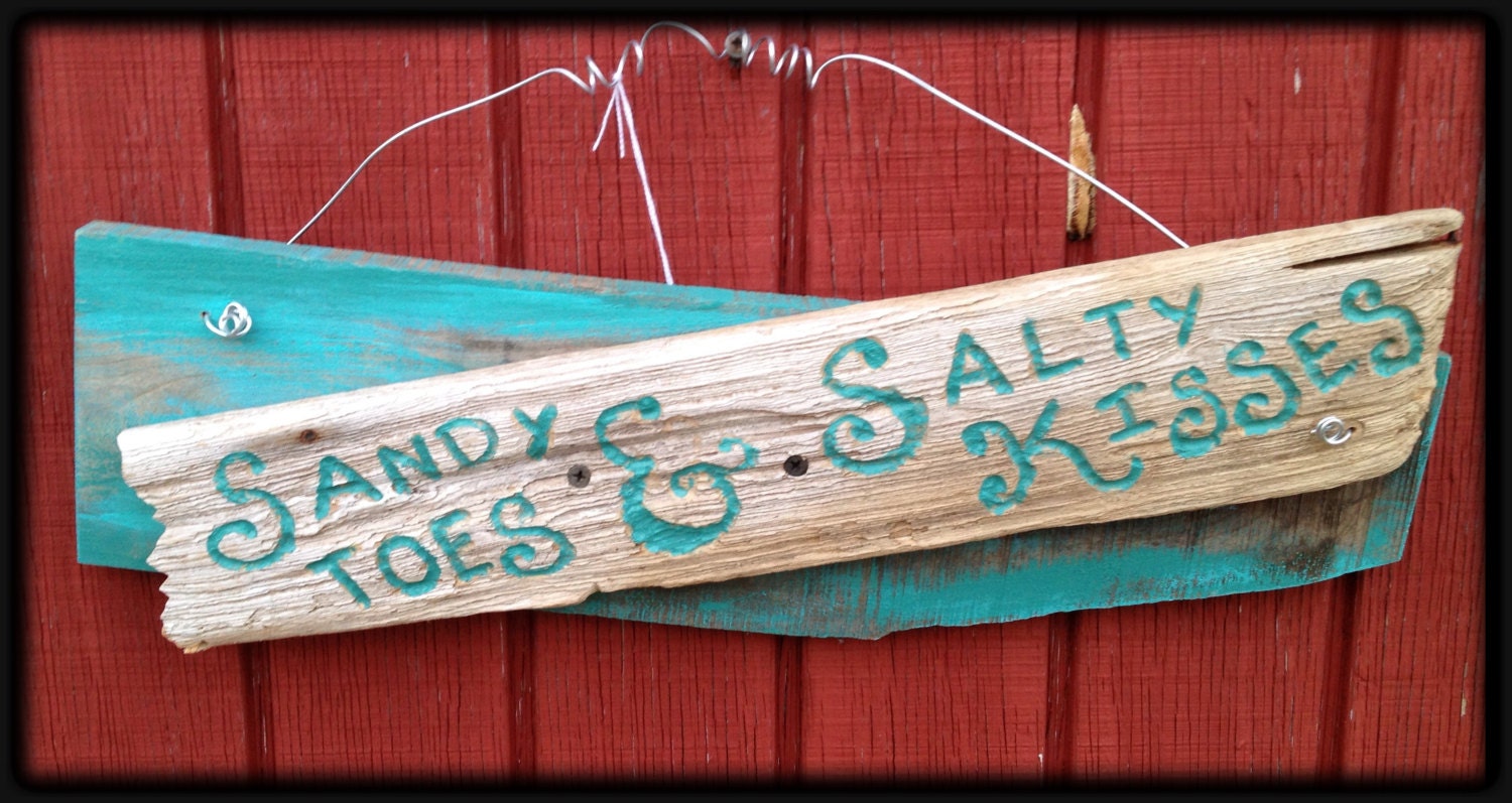 Salty Kisses & Sandy Toes Hand Carved Painted Driftwood Mounted Turquoise Washed Wood 