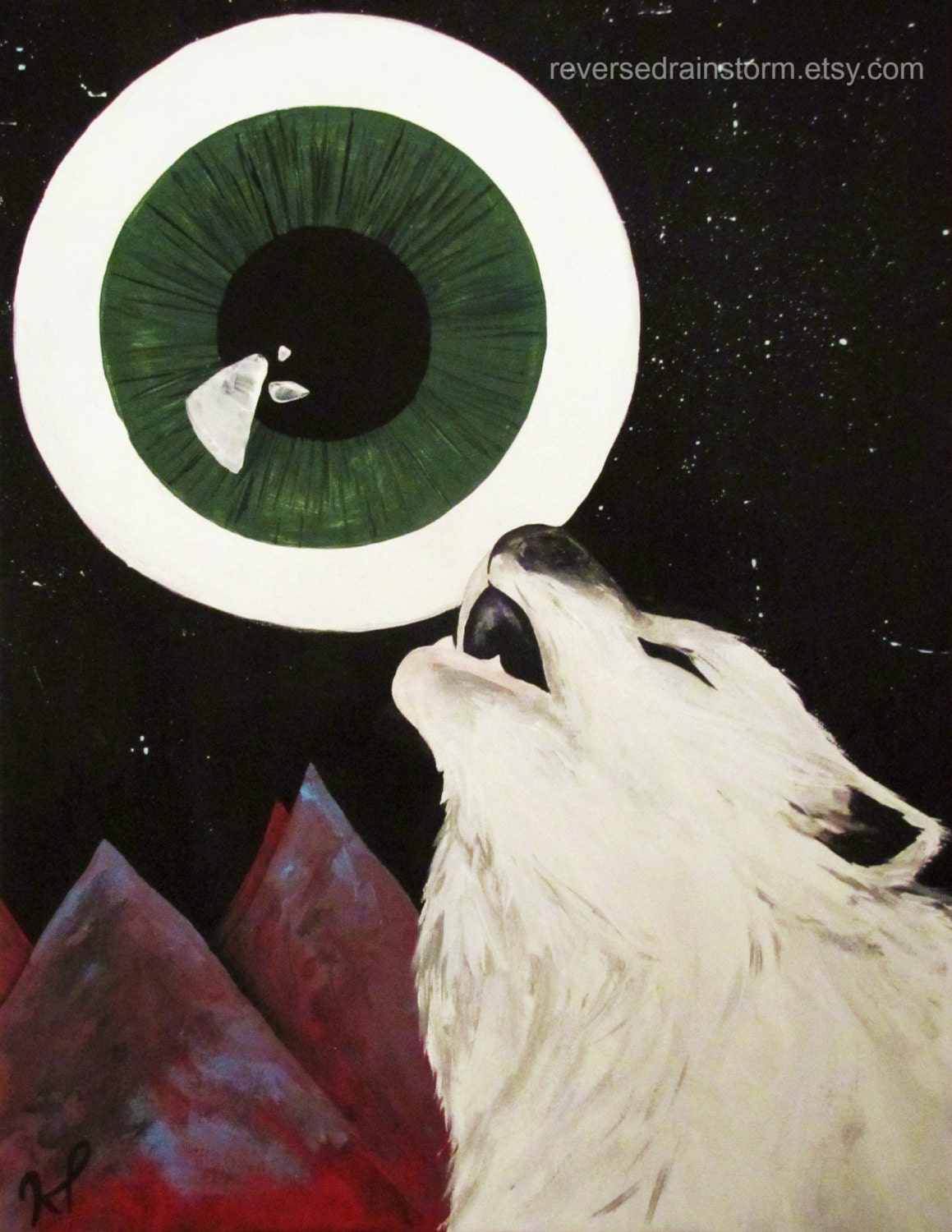8x10 Print - Original Acrylic Wolf Howling at Eyeball Moon