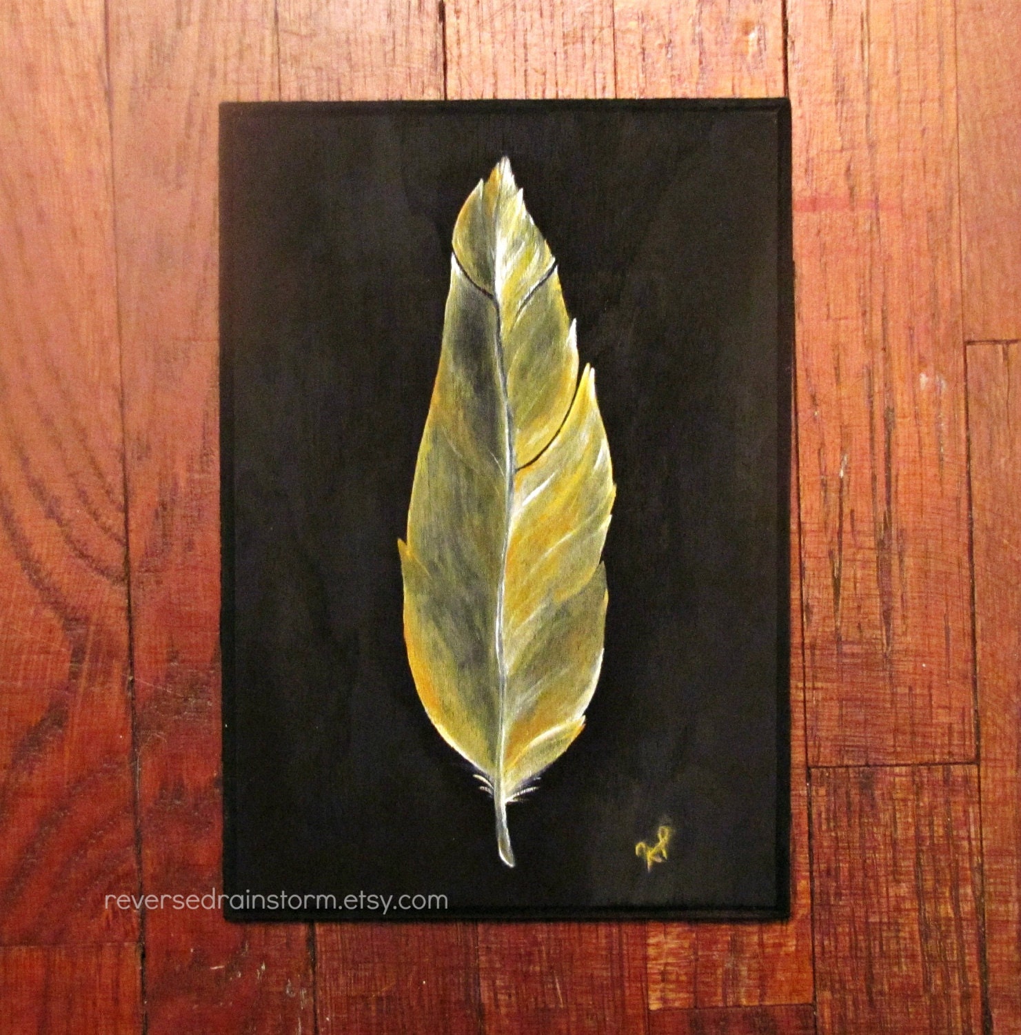 Original Acrylic Feather on Wood 5x7 1/4