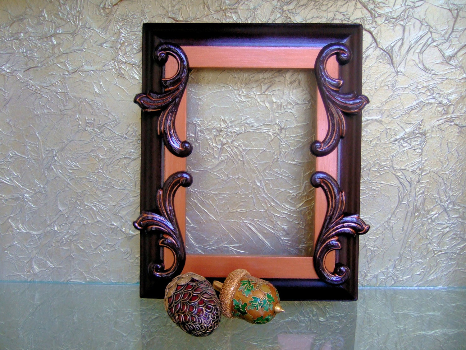 Handpainted Bronze and Burnt Umber Brown Wooden Frame Embellished With Carved Wooden Appliques, 5 x 7 Picture Frame