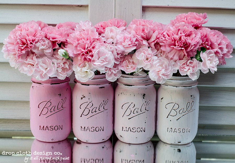 Mason Jar Painted & Distressed - Ombre Pink