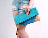 Oversized Reversible Suede Leather Clutch in Multi Color Aqua and Blue