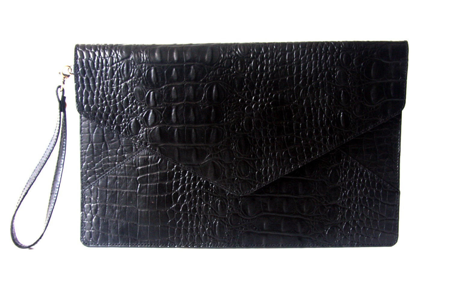 Envelope Leather Clutch in Croco Black