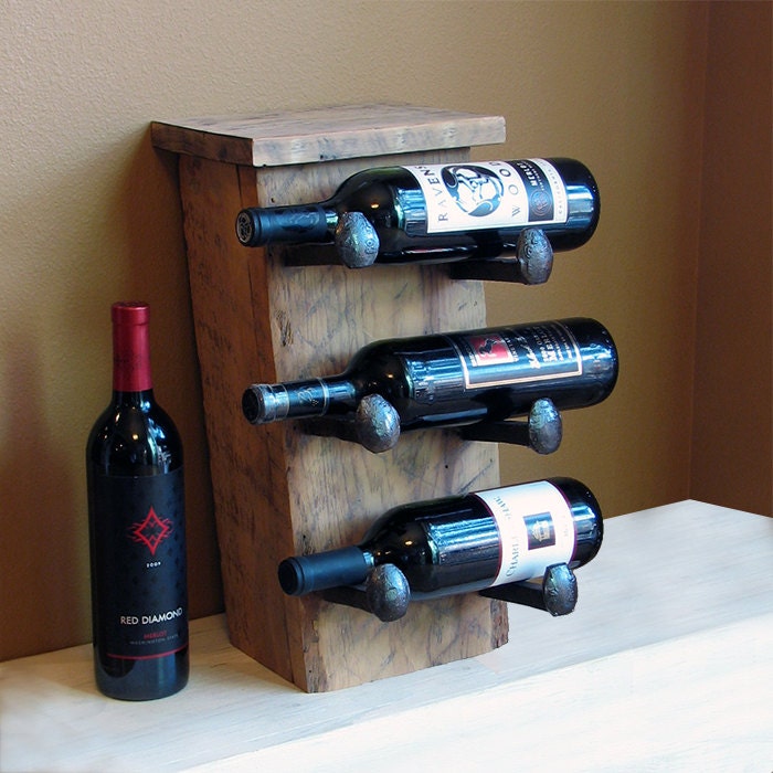 Rustic wine rack, counter wine bottle holder with railroad spike hooks