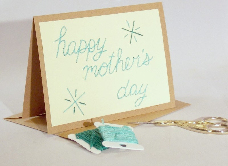 Mother's Day stitched card hand embroidered Happy Mother's Day Stars turquoise teal - sleepingfoxstitchery