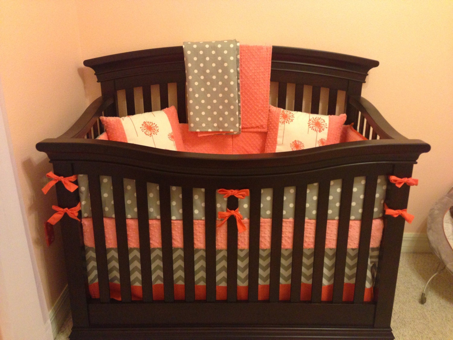 Coral and Gray 5 piece crib set