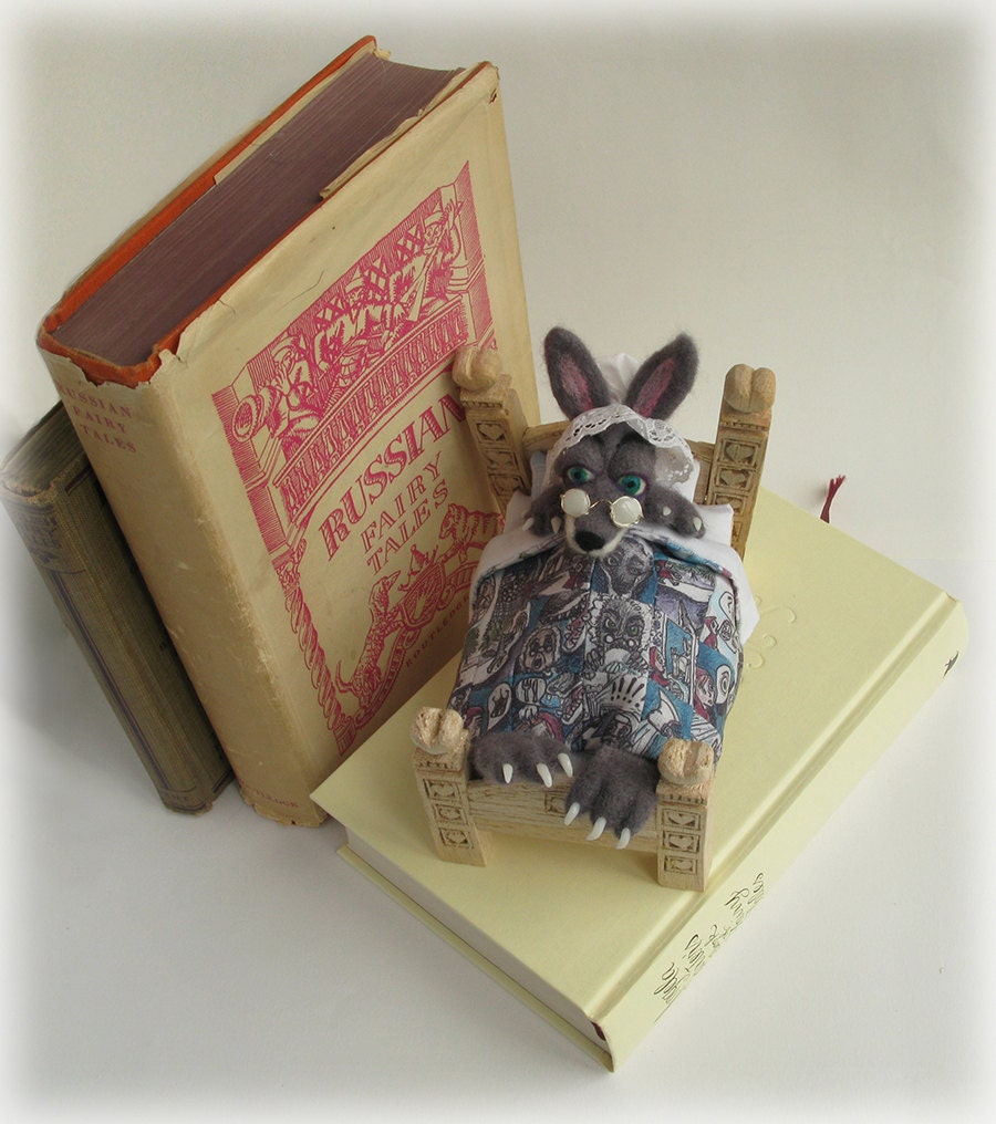 Wolf Fairytale Felted Mixed Media Art Doll Sculpture Little Red Riding Hood Big Bad Grandma in Bed