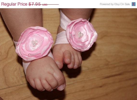 ON SALE Vintage pink baby barefoot sandals-satin flower- newborn sandals- shabby chic flower- flower girl-photo prop-newborn shoes