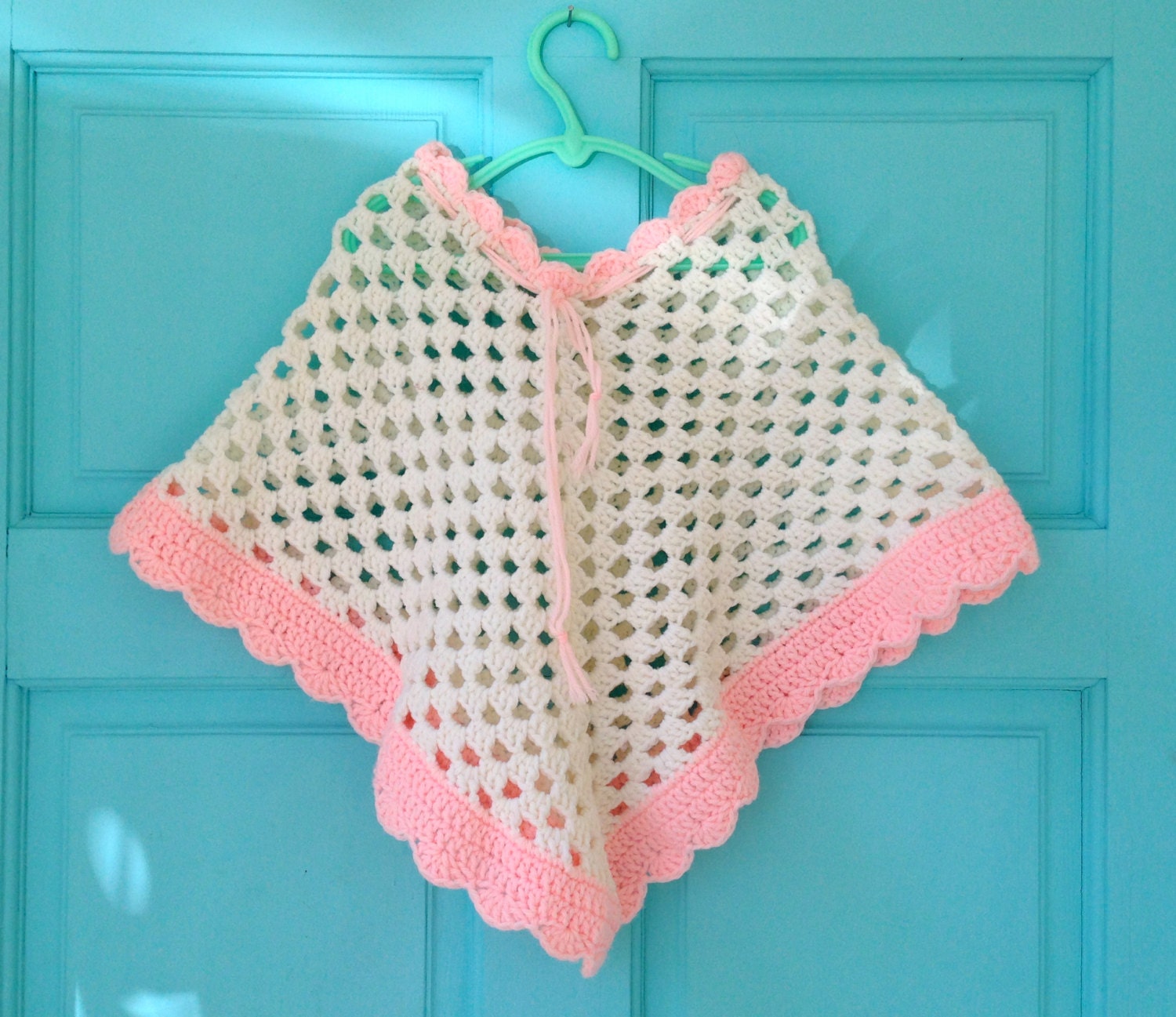Vintage Hand Crocheted Pink and White Poncho