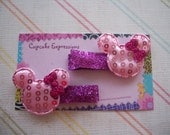 Adorable  Handmade Hair Clip - Sequin Minnie Mouse Set of two with Bow - Light Pink