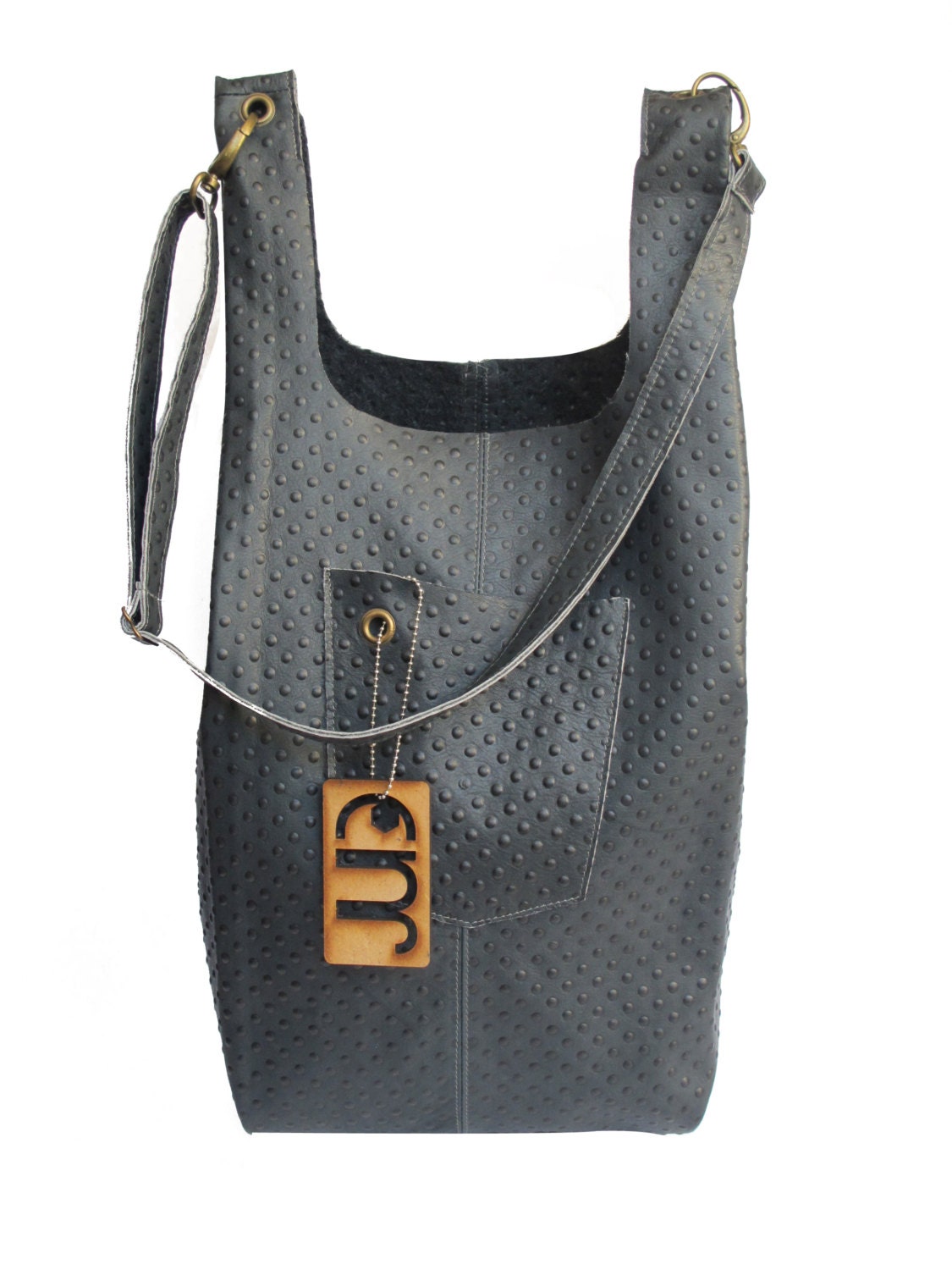 Leather Tote Bag/ messenger bag, Dark Gray color, ostrich emboss, JUD