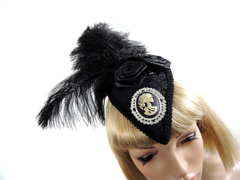 Goth victorian fascinator with cameo and feathers teardrop Burlesque