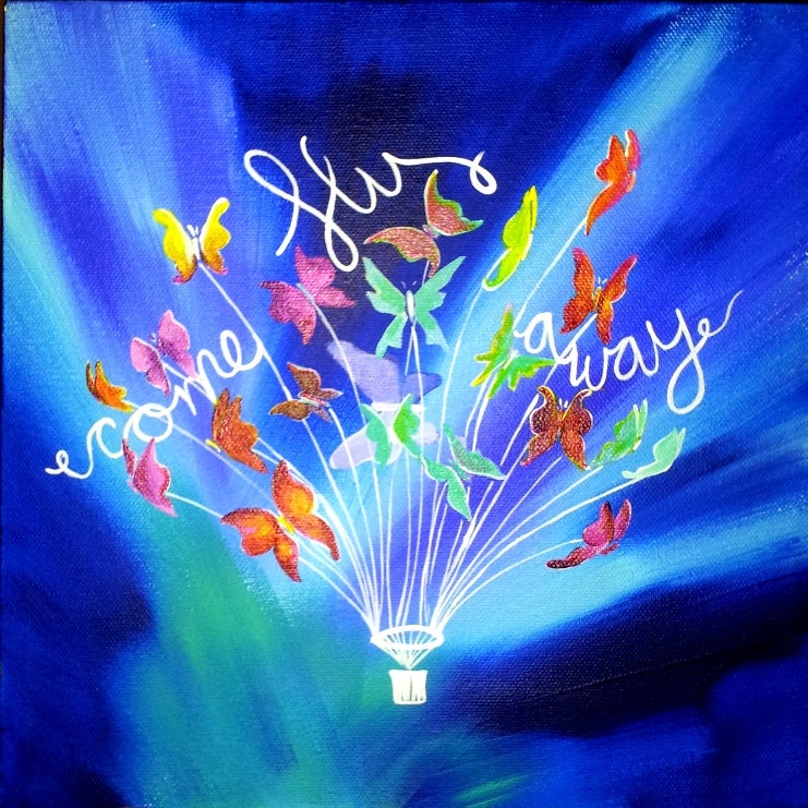 Colorful Blue Acrylic Painting of Butterflies with Quote