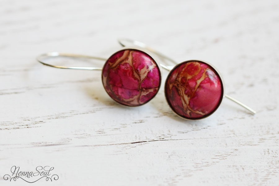 Sterling silver earrings with pink jasper, Deep Pink sterling silver earrings, 925 Sterling Silver earrings