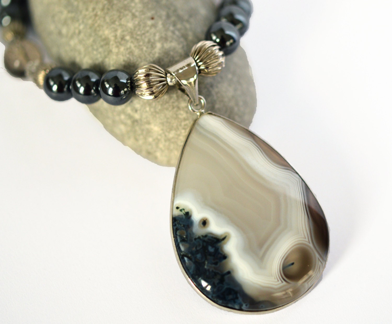 Beautiful Agate, Hematite, Smokey Quartz Necklace... Genuine Gemstone Necklace... One of a kind...