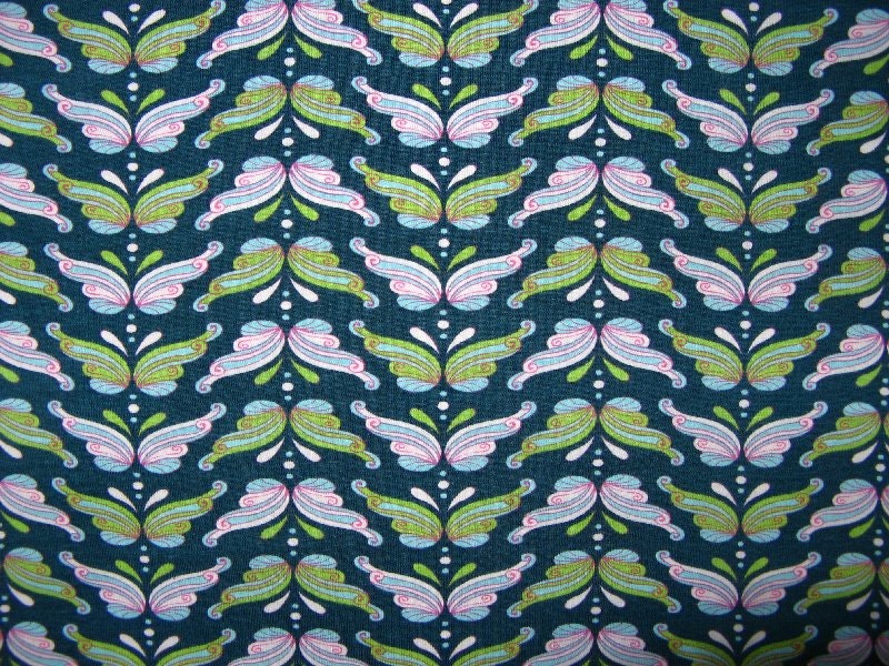 Petrol with colored butterflies - cotton stretch jersey - 1 meter (about 1,1 yards)