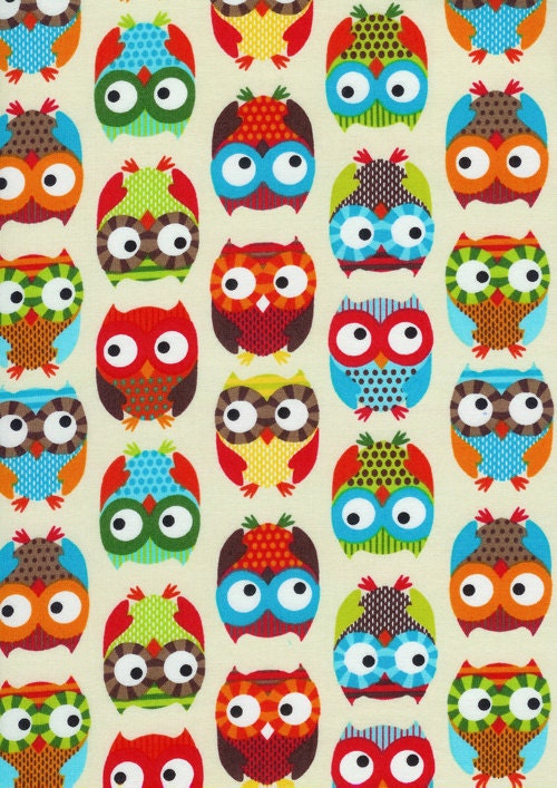 Owls in Cream Fabric, Bright Owl by Alice Kennedy for Timeless Treasures, One Yard, 1 Yard