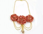Light Rust Victorian Flower Fabric Necklace with earrings, Unique Jewelry