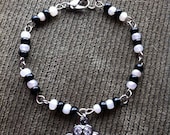 Black & White Czech Glass Seed Bead Bracelet With Rhinstone Paw Charm