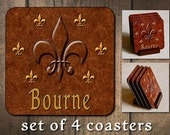 Personalized Family Name Fleur de Lis Coasters - set of 4 with mahogany holder