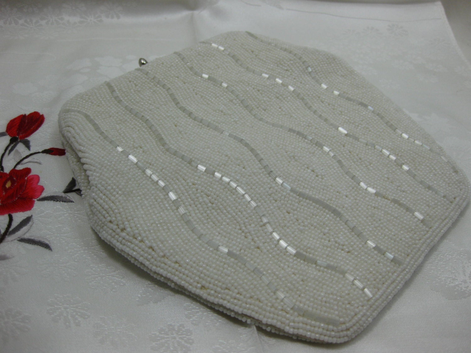 Vintage White Hand Beaded Clutch, Seed Beads SATIN Interior, Bridal Wedding Purse