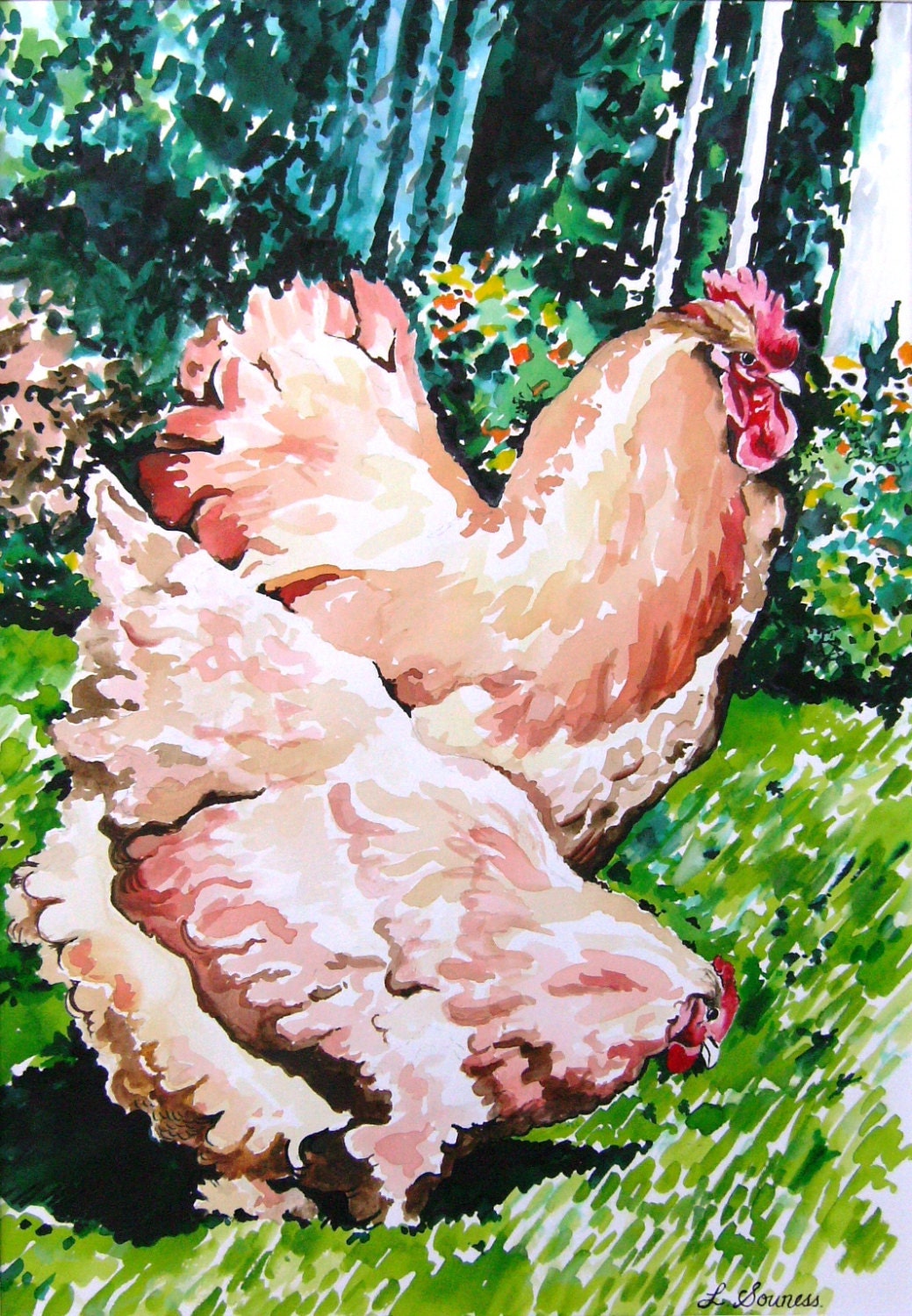 Chickens - Happy Wanderings - Beautiful Giclee Art Print - from an original watercolor painting of rooster & hen by Lizabeth Souness