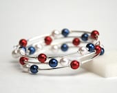 Red White and Blue Memory Wire Bracelet - Navy Blue White and Red Pearl Bracelet - Handmade Jewelry