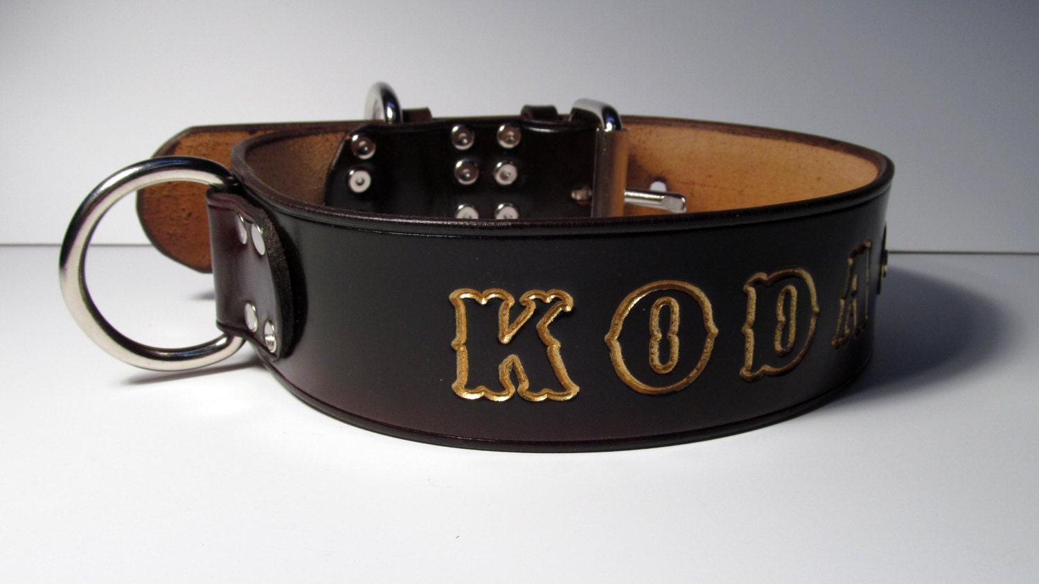 24" x  2" wide Dark Brown with Gold Letters- Leather Dog Collar Brass ID Tag & Pet Name