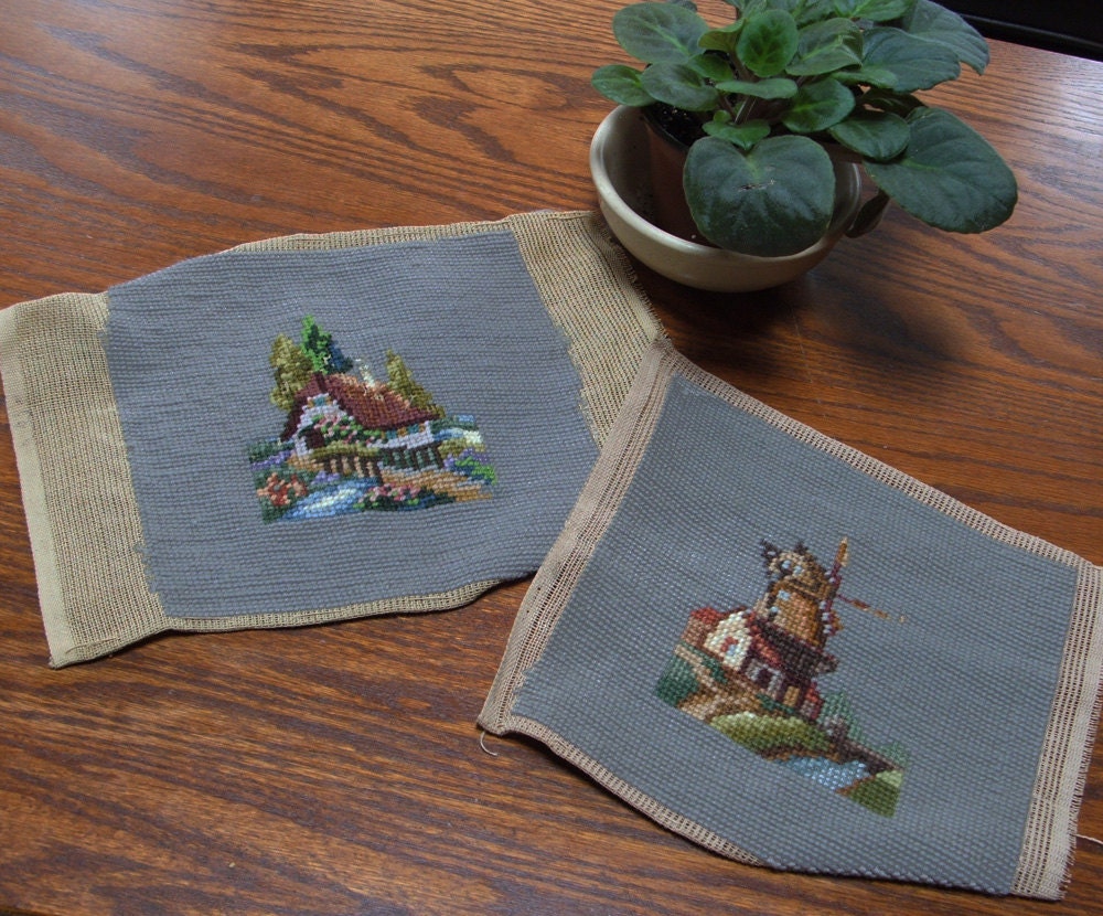 Pair Scenic Needlepoint Squares / Cottage/ Windmill for Pillows or to Frame