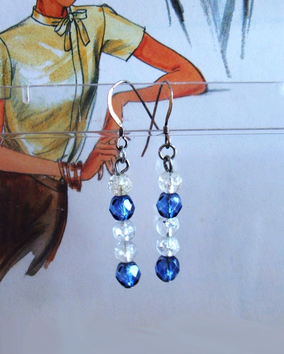 Blue & Clear Crystal Drop Earrings / vintage beads
