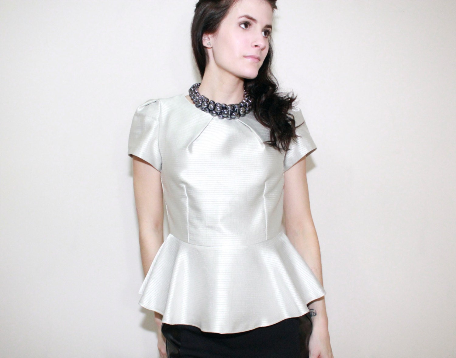 PETITES - MEDIUM Stripe Peplum Top with Pleated Cap Sleeve