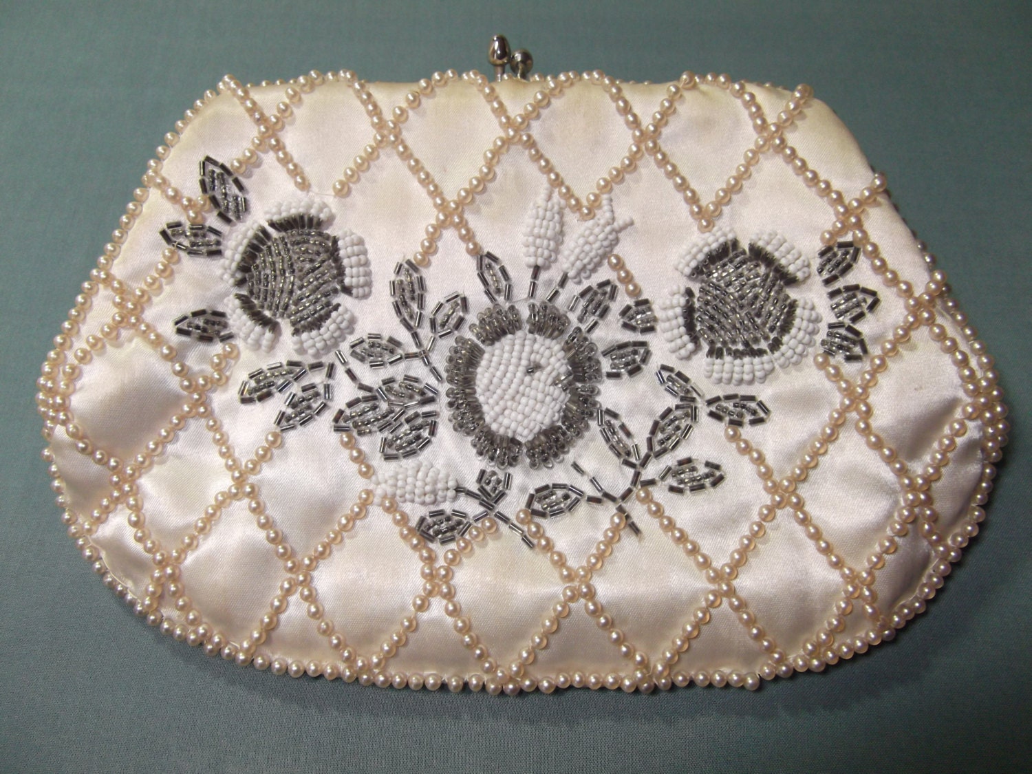 Ivory Satin Vintage Clutch with Pearls and Beads