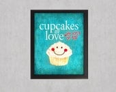 Cupcakes are Love - Teal Red Combination - 8x10 print - Cute Sweet Kitchen Art Teal Textured Distressed Home Decor Wall Art Bakery Bake