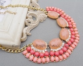 Salmon and Pink - 2013 Cabochon Fan Fringe Vibrant Fuchsia Gem Crystals Rhinestone Wedding Party Statement Bib Beaded Necklace