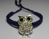 Owl Bracelet with rhinestones and navy blue cord