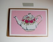 Floral vintage teapot card Pastel pink