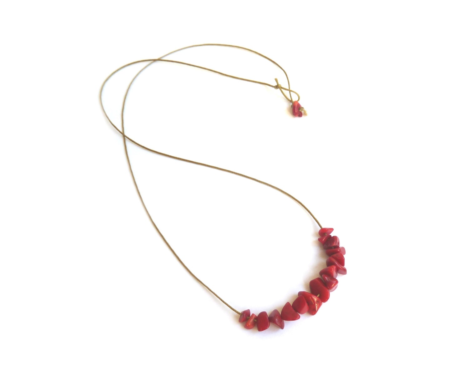Beaded coral necklace on olive green cotton thread
