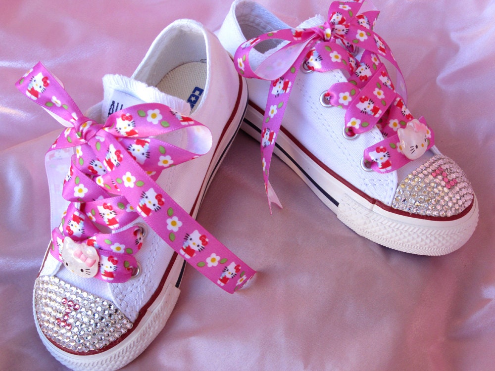 HELLO KITTY Girl Hi-Top or Lo-Top Converse Canvas Swarovski Youth Shoe Size 10.5,, 11, 11.5, 12, 12.5, 13, 13.5, 1, 1.5, 2, 2.5, 3