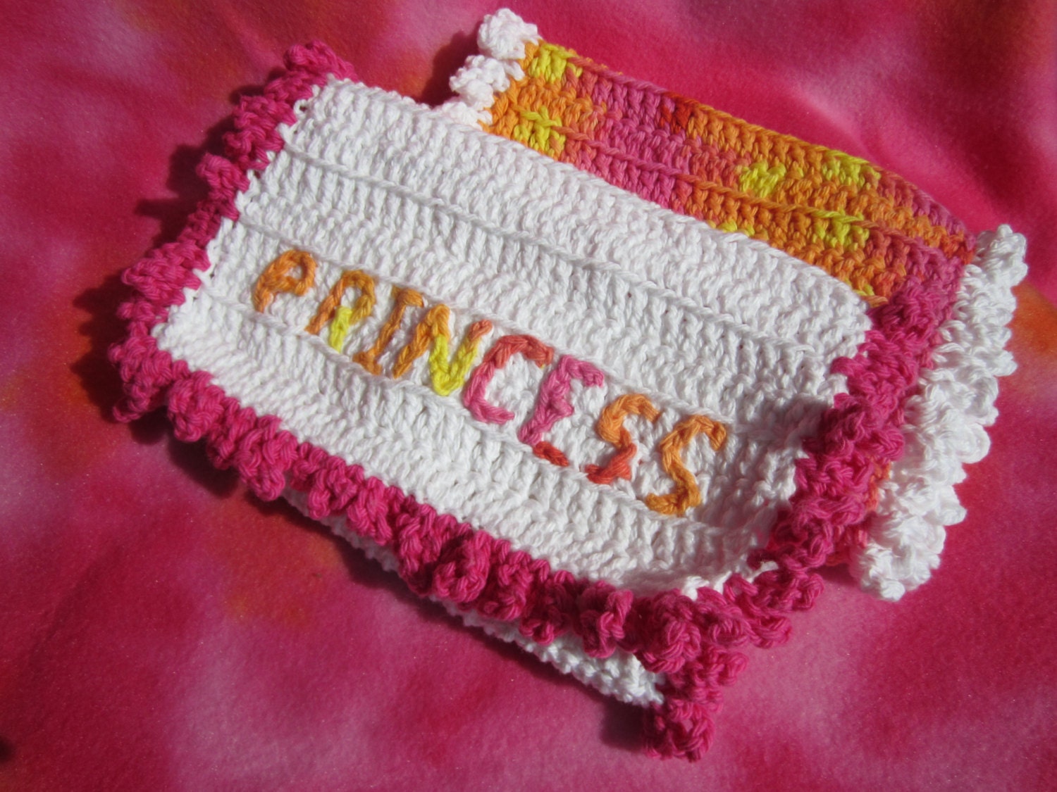 Two Crocheted " Princess " Ruffle Baby Girl Infant Burp Cloths Rainbow Sherbet Colors
