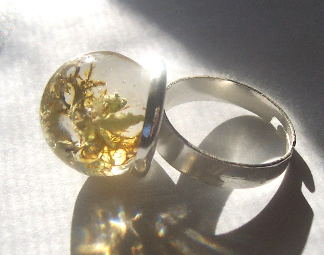Lichen Globe Resin Orb Ring Silver Plated