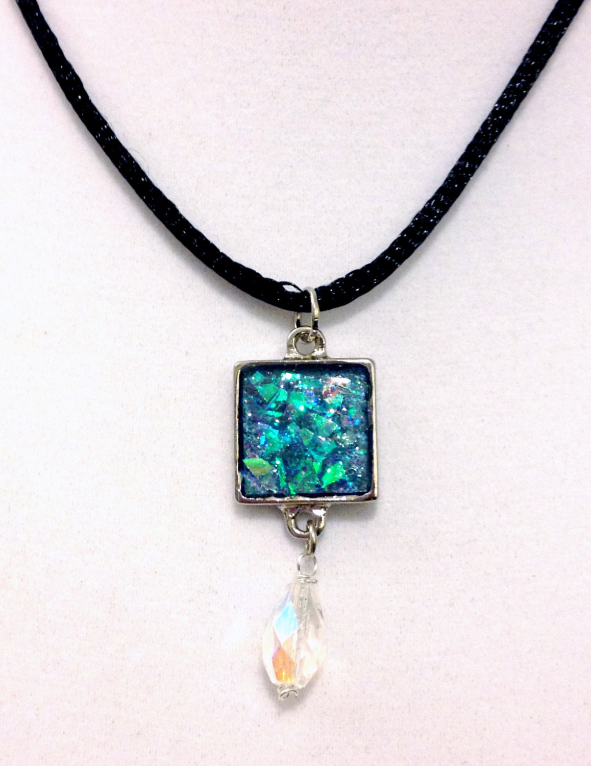 Marine Blue Mystical Glitter Resin Pendant w/Tear Drop Gem