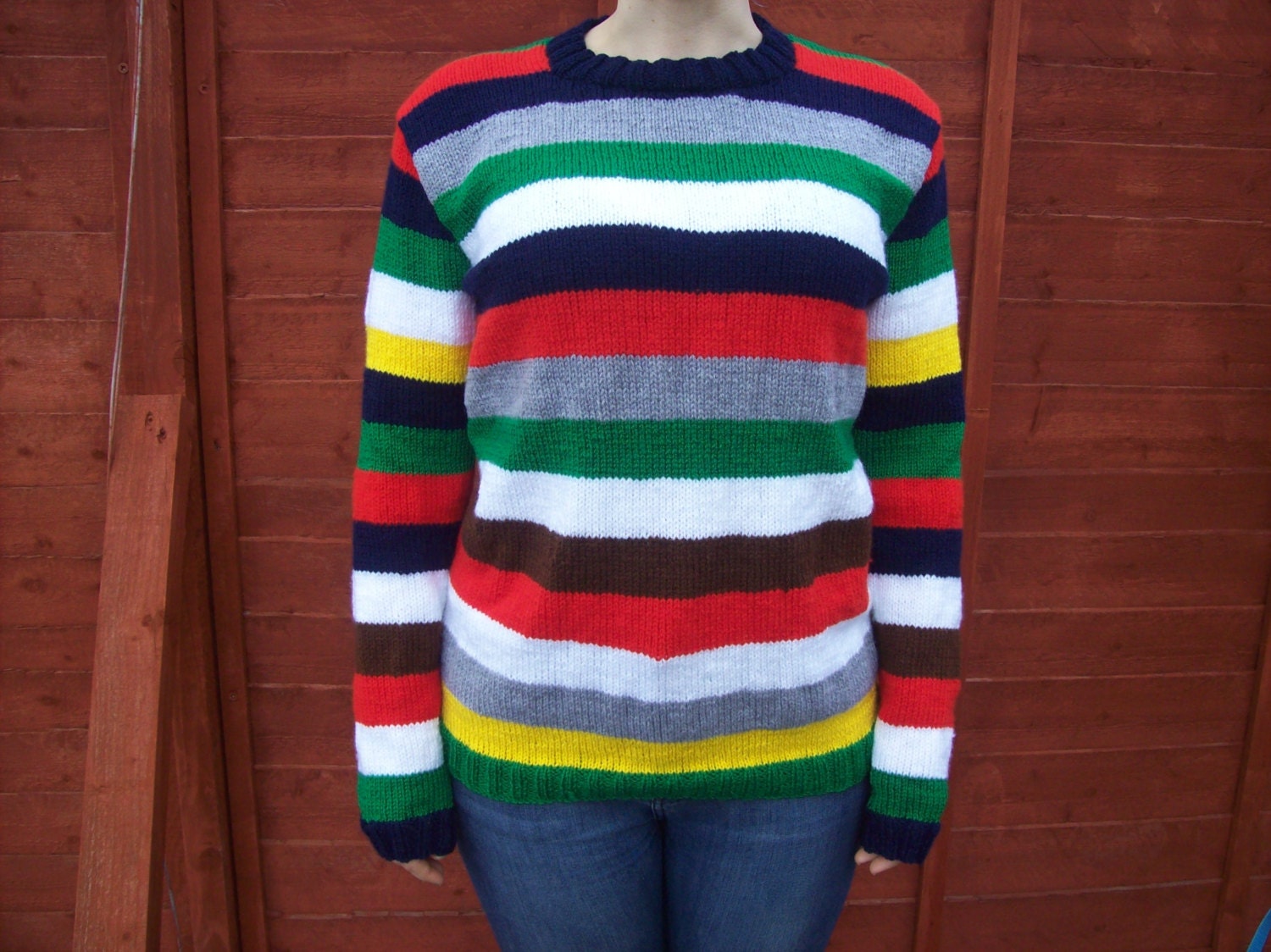 Sale Sweater/Jumper Hand knitted - Crew Neck - Striped  - OOAK  -  Mens Womens - Blue Green Yellow White Grey Red Brown