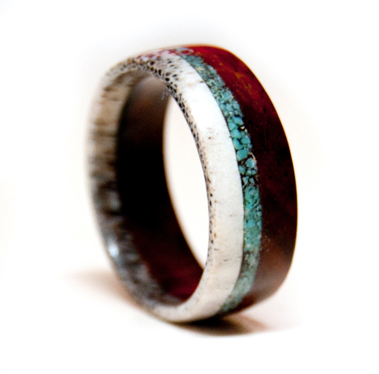 Wood and Antler Ring Band with Turquoise Inlay - Unique Wedding Band