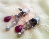 Antique Silver Bell Leaf Beaded Dangle Earrings with Mauve Swarovski Crystals,Grey Glass Pearls