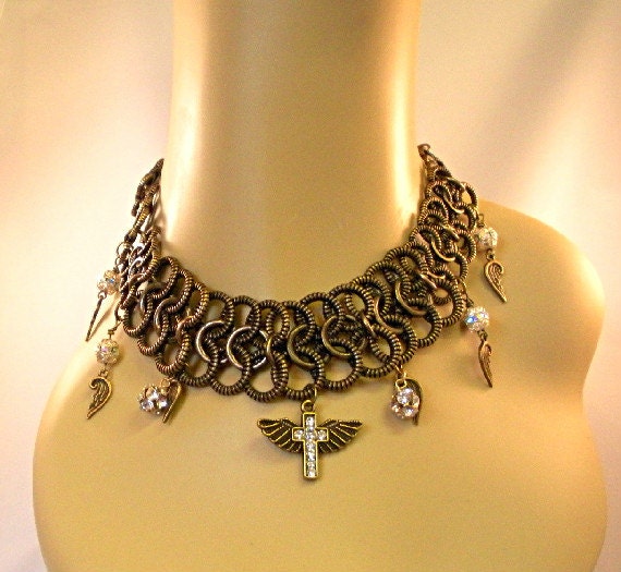Metal collar necklace, choker,  antique brass tone, wing charms, rhinestones, recycled, de-stash, new findings