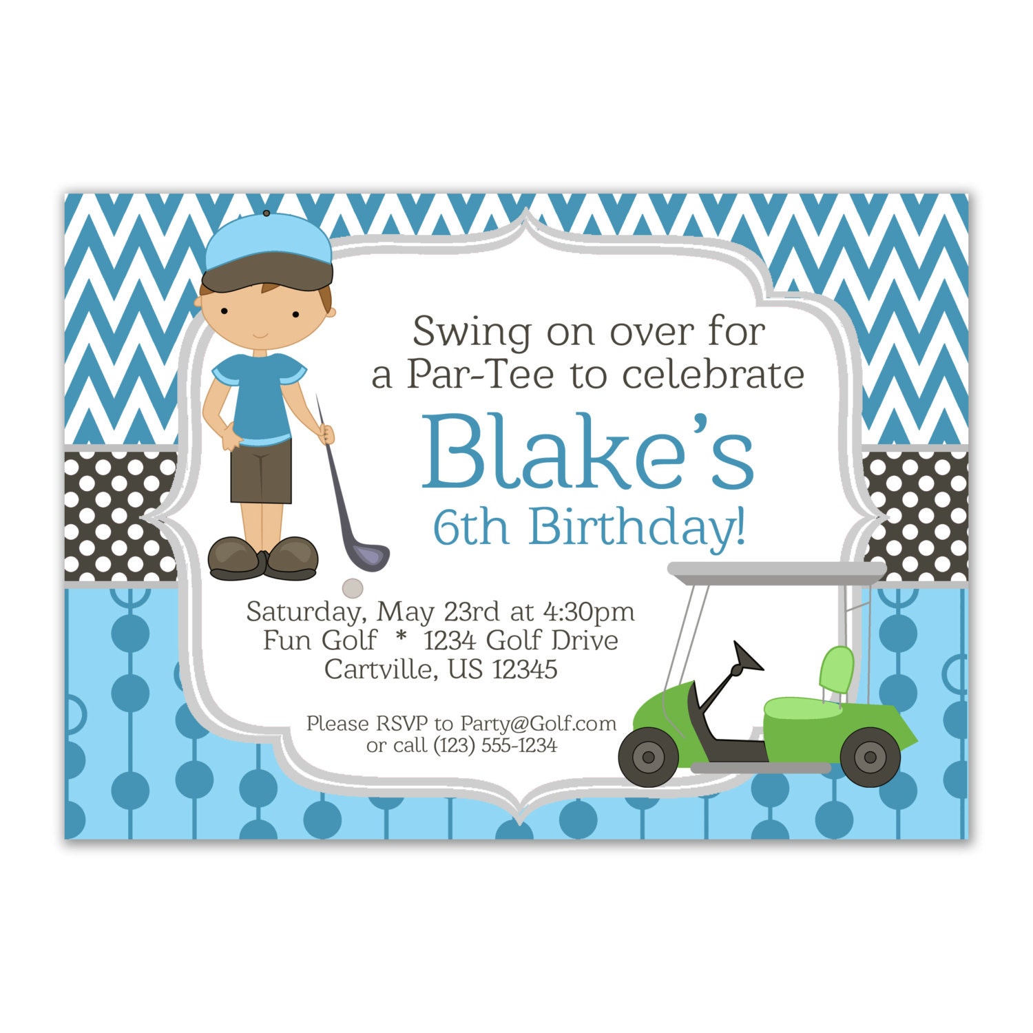 Golf Invitation - Blue Chevron and Boy Golfer with a Lime Green Golf Cart Personalized Birthday Party Invite - a Digital Printable File