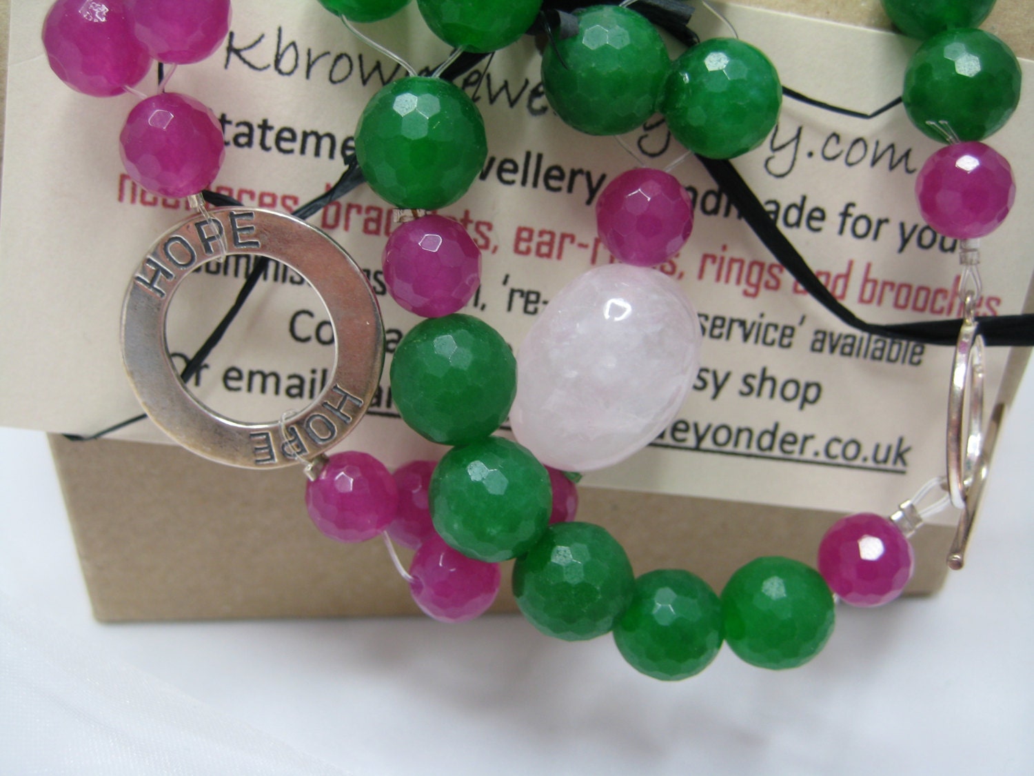 Hope Pendant Gemstone Necklace, Gemstone Beadwork Necklace,  Jade Rose Quartz Necklace, Handmade Bead Double Strand Necklace