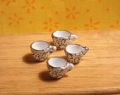 Dollhouse Coffee Cups - Doll House Black White Floral Set of 4 Tea Cups - 1/12th Scale
