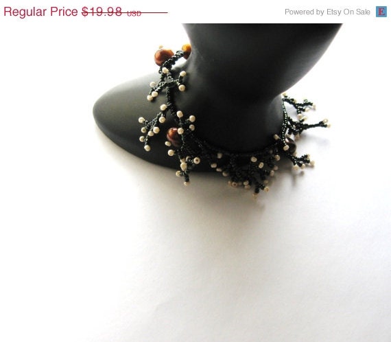 SALE Snow Capped Branches Delicate Beadwork Bracelet, Evergreen Beads and Coppery Chocolate Freshwater Pearls